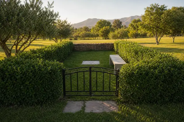 Representación referencial de Jardines de Auco con cierre vegetal, acceso independiente y banca familiar